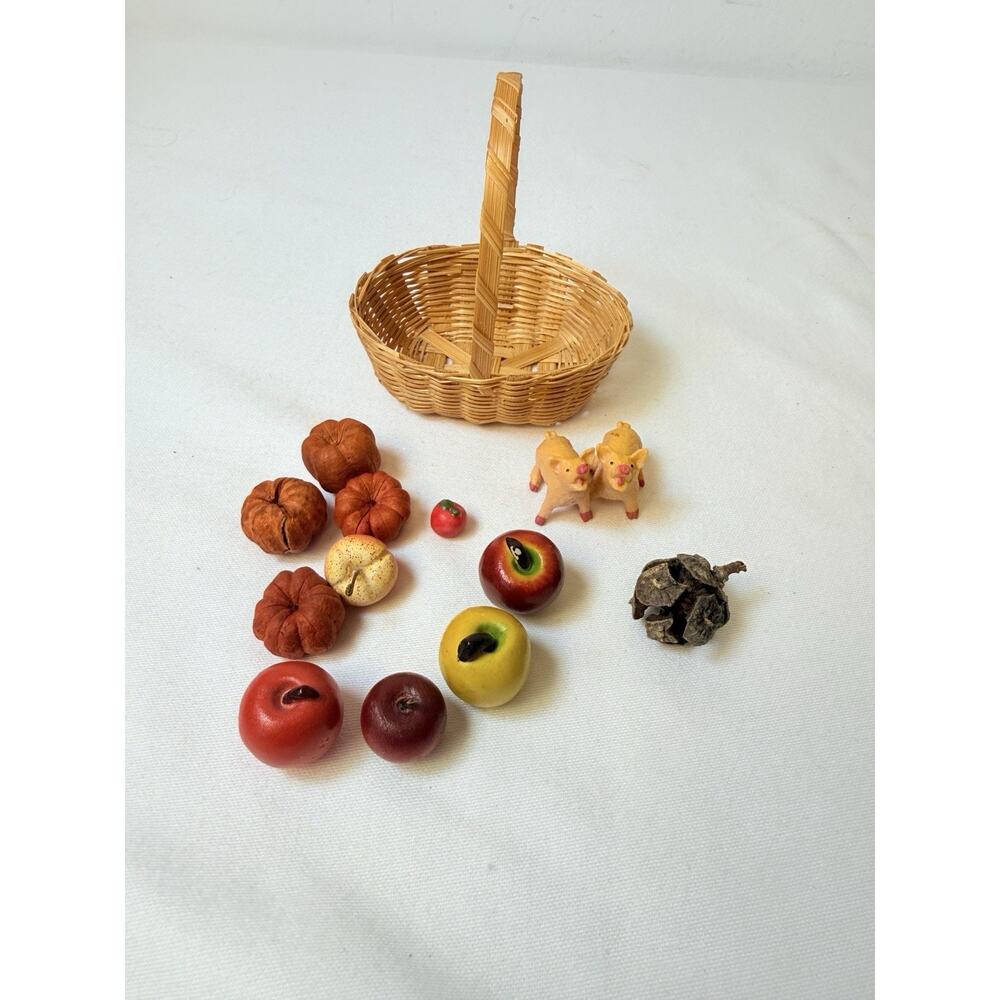 Miniature Basket With Apples, Pumpkin Gourds And Pigs